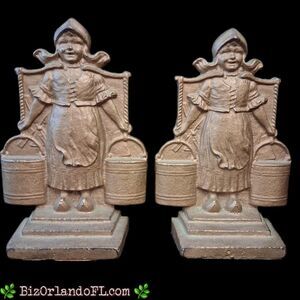 19th Century Cast Iron Bookends Doorstops Dutch Girl With Milk Water Bucket Pair